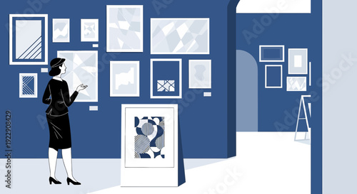 Woman Viewing Art in Modern Gallery Exhibition