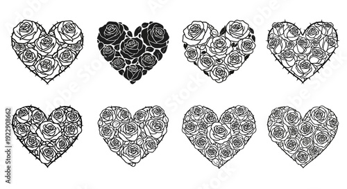 Tableau sur toile A collection of six heart shapes composed of numerous rose blooms rendered in bl