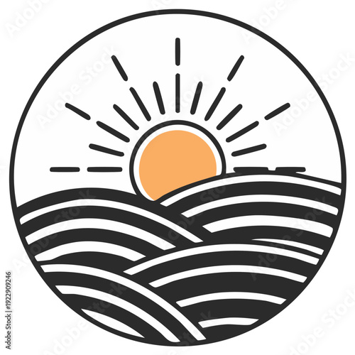 Minimalist ocean wave landscape art with sun rising over the water in a circle graphic design