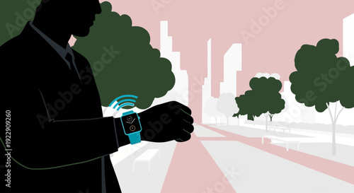 A silhouetted businessman utilizes a teal smartwatch while walking down a city street with a blurred background high quality