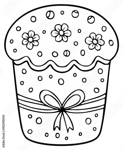 Festive Easter kulich cake with icing, flowers, and a bow, outline for coloring page activity