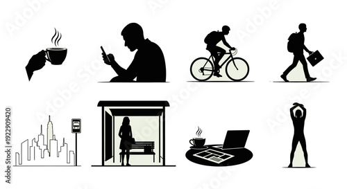 A collection of stylized black silhouettes depicts modern life including work commuting and leisure activities high quality professional detailed