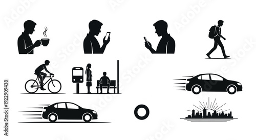 A collection of black silhouette icons depicting modern life transportation and various daily activities high quality professional detailed elegant