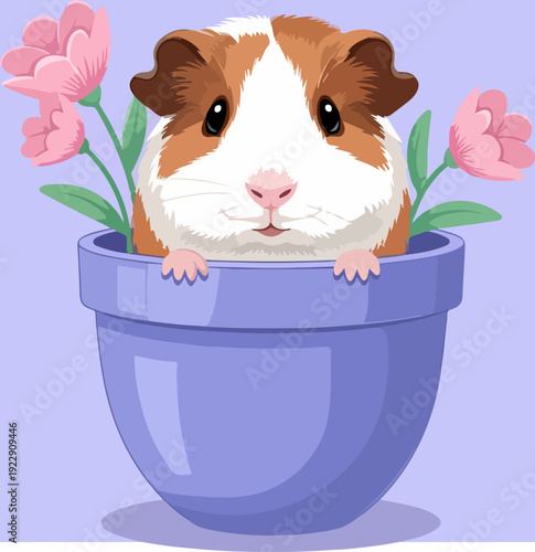 Cute guinea pig in a purple flower pot with pink flowers.