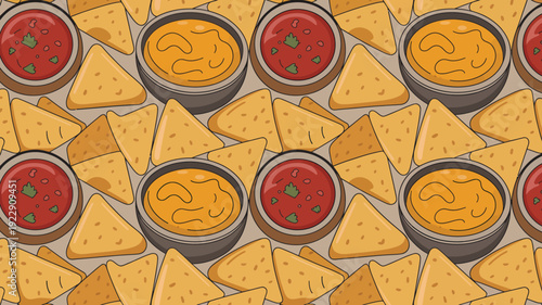 Seamless vector pattern of Mexican dip bowls with salsa guacamole and tortilla chips on geometric background