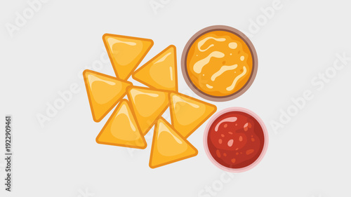 Fresh tomato salsa with tortilla chips and dipping sauce flat lay vector illustration on white background