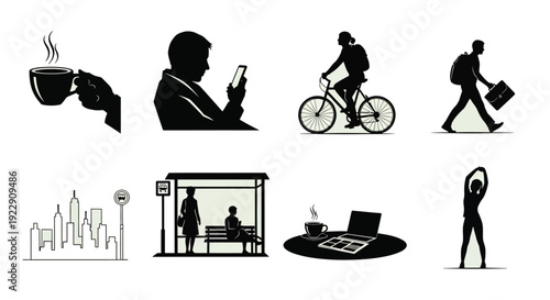 A collection of minimalist silhouettes depicts modern urban life showcasing people engaged in daily routines high quality professional detailed