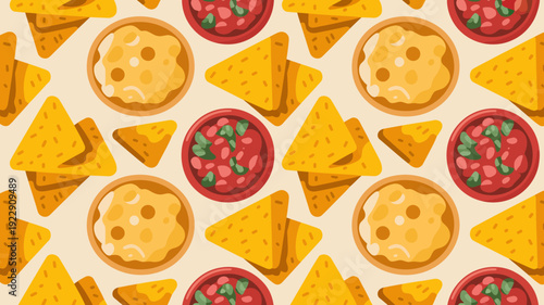 Colorful Mexican fiesta seamless pattern with nachos, salsa, guacamole, and happy faces on yellow background
