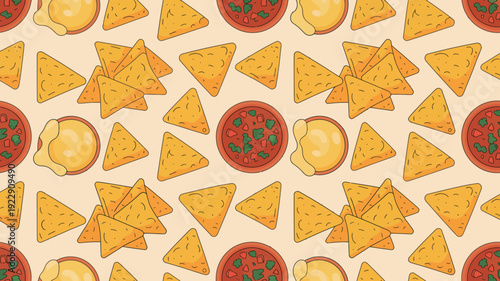 Seamless vector pattern of yellow nacho chips and red salsa dips isolated on white background for food design and party decor