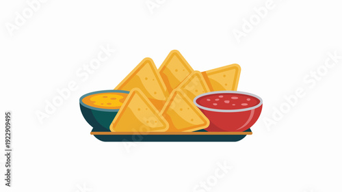 Colorful Mexican nachos with salsa and guacamole dip on wooden serving tray flat vector illustration
