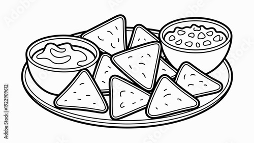 Vector line art illustration of cheese and crackers platter with dip isolated on white background minimalist snack food