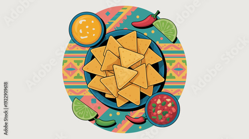 Vibrant nachos platter with fresh vegetables and dip in colorful circular arrangement vector illustration