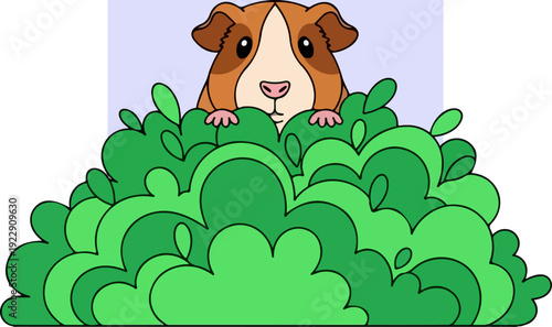 Cute guinea pig peeking out from a green bush.