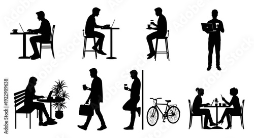 A collection of black silhouette figures depicts various everyday activities including working relaxing and commuting high quality professional detailed