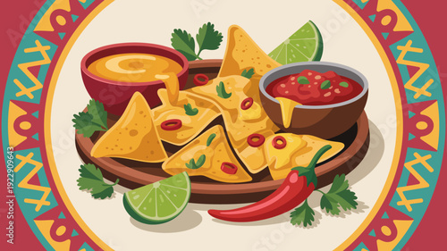 Vibrant Mexican food platter with nachos, salsa, guacamole, lime, and chili on colorful fiesta background