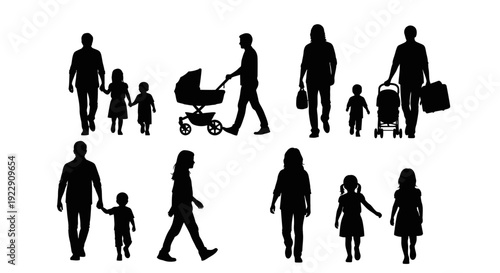 A collection of black silhouettes depicts various family units walking and representing different life stages high quality professional detailed