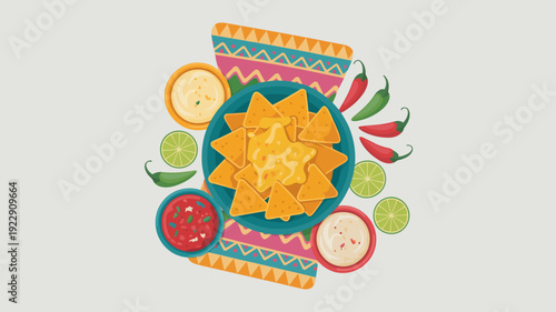 Vibrant Mexican fiesta nachos platter with fresh guacamole, salsa, tomatoes, and lime on colorful geometric pattern background