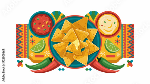 Colorful Mexican fiesta vector illustration with nachos, tomatoes, limes, and chili peppers on striped background for party celebration