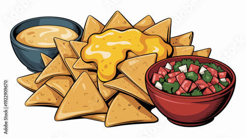 Colorful Mexican nachos with fresh salsa dip and cheese sauce on rustic wooden table summer party food