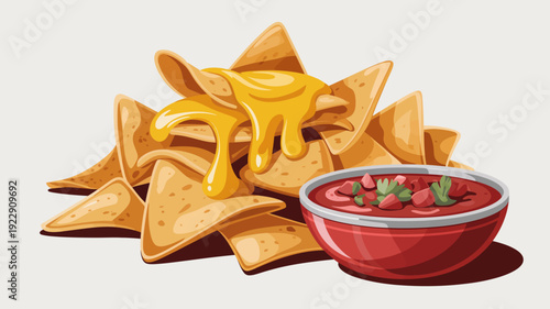 Fresh tortilla chips with spicy tomato salsa dip in vibrant red bowl on light background flat lay
