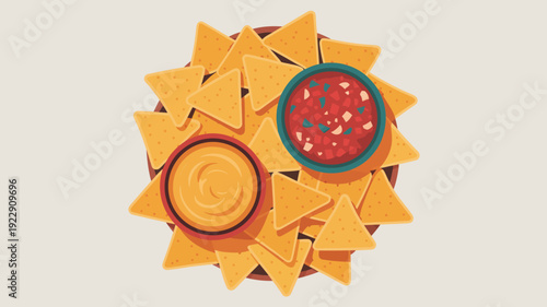 Top down vector illustration of nachos with guacamole and cheese dip on sunny background for party food concept