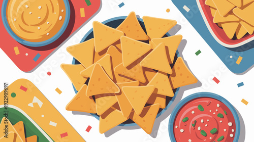 Top view colorful nachos platter with dips and fresh tomato salsa on festive party background