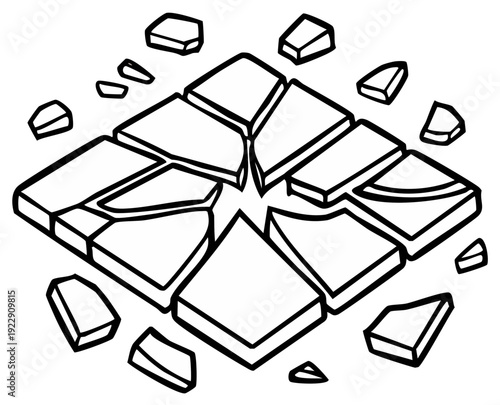 Isometric view of geometric stone tile floor with pieces scattered.