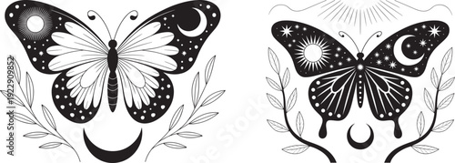 Mystical Celestial Butterflies Vector Set with Sun, Moon, and Stars Decorations in Bohemian Style