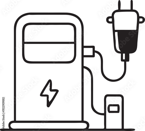 A digital vector illustration of a gas pump nozzle and fuel station symbol integrated with a phone, electric plug cable, and computer technology icons to represent modern energy and communication powe