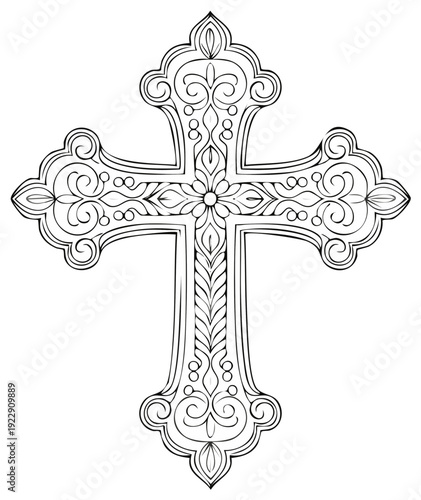 Intricate Ornate Christian Cross Line Art Illustration with Decorative Scrollwork and Floral Details for Spirituality