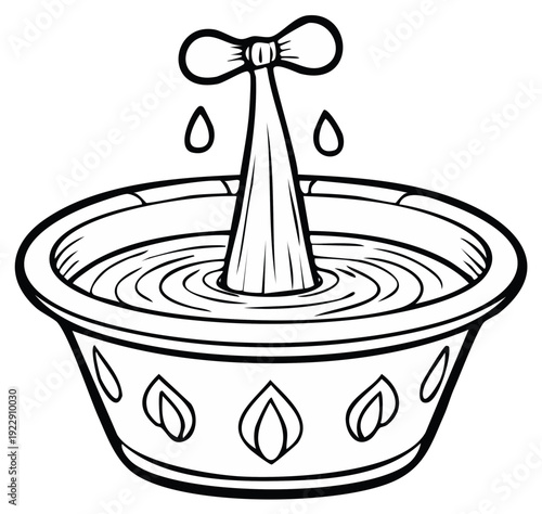Stylized illustration of a faucet dripping water into a patterned bowl creating ripples