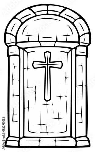 Ancient stone arched entryway with a prominent Christian cross carved into the facade