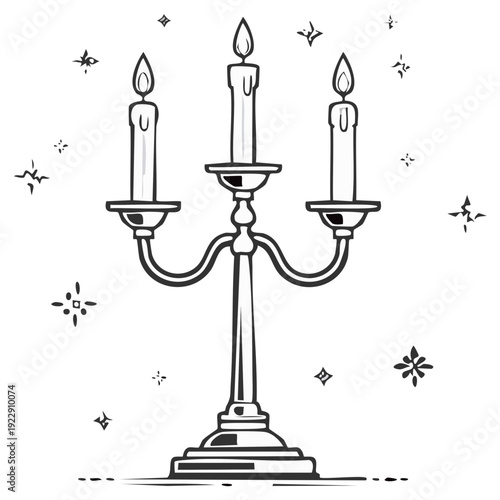 Elegant candelabra illustration with three lit candles and decorative star bursts