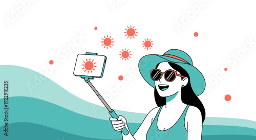 Woman taking a selfie at the beach with sun icons