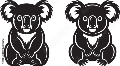 Cute koala bear icons in black and white, adorable Australian wildlife vector illustration