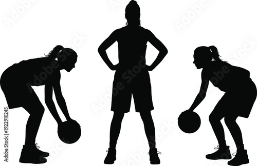 Basketball silhouettes, athletes training, sports practice, teamwork, athletic posture, ball handling, fitness, exercise, physical activity, competitive game, motion, discipline