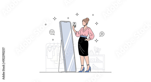 Woman Taking Selfie in Mirror at Home, Fashion, Style, Self-care, Flat Illustration
