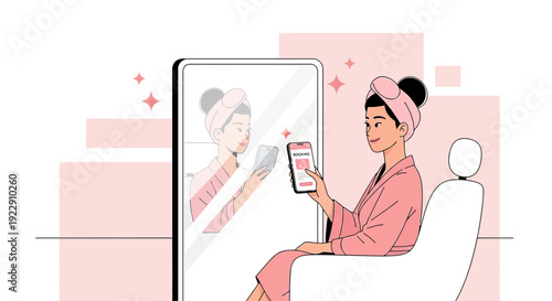 Woman Taking Selfie in Mirror with Smartphone, Skincare Routine, Beauty App