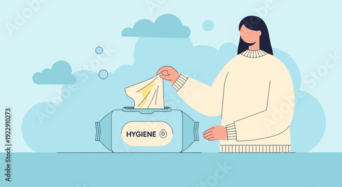 Woman taking wet wipe from hygiene packaging - clean hands, health concept