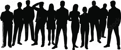 Black silhouettes of large group of professional people and business team standing together isolated on white background for community concept.