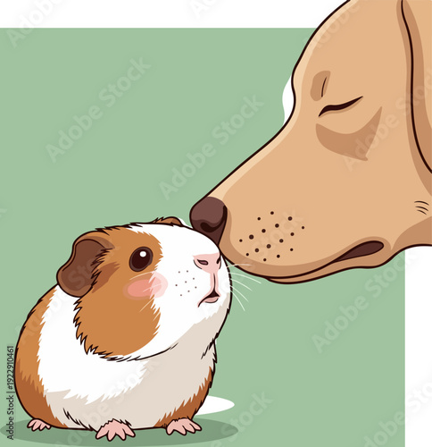 Dog and Guinea Pig Interacting in a Friendly Manner.