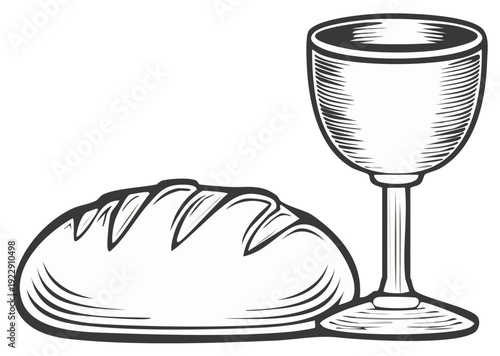 Engraved Illustration of Holy Communion Elements Bread and Chalice Simple Line Art