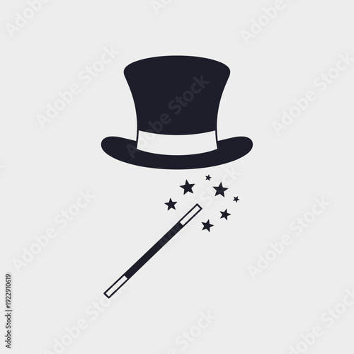 Magic Hat and Wand Icon Vector – Magician Top Hat with Sparkle Stars Illustration