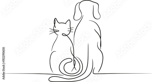 A cute cat and dog sit together in a single continuous line drawing.