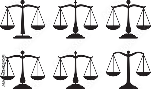 Set of stylized black and white vector illustrations of antique scales of justice, representing law and balance.