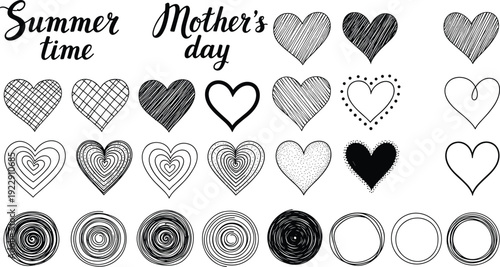Hand drawn heart shapes collection with summer time and Mother’s Day lettering, sketch style love symbols and circular scribble elements for romantic design