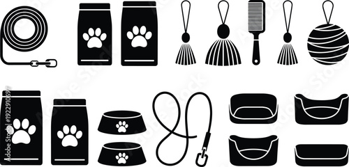 Pet care icons, leash, food bags, bowls, grooming tools, yarn toy, pet beds, accessories, animal supplies, black and white design