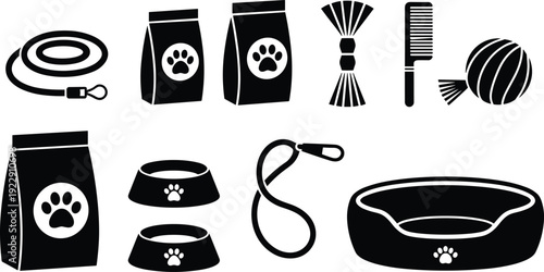 Pet supplies icons, leash, food bags, bowls, chew toy, comb, yarn ball, pet bed, accessories, animal care, black and white