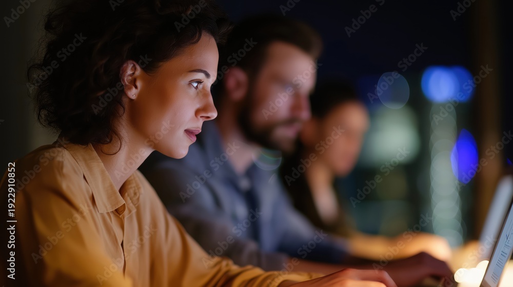 Fototapeta premium Young woman working late on laptop with colleagues in office 