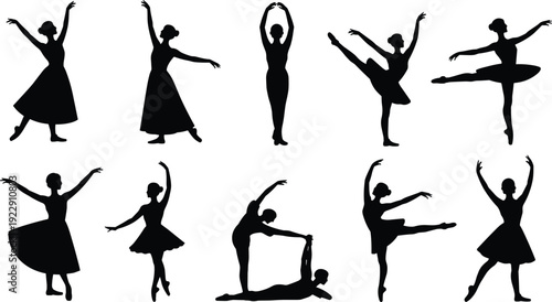Silhouette ballet dancers performing, classical poses, pirouettes, arabesques, pliés, graceful movement, partnered lift, elegance, strength, discipline, performance art